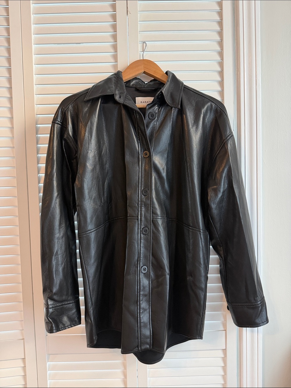 Babaton Black Leather Button-Front Shirt Jacket